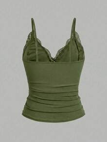 SHEIN Unity 女士夏季紧身法式深V蕾丝蝴蝶结奶油黄吊带衫 - 軍綠色 - 查看 2