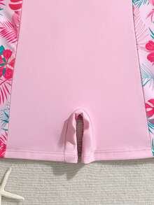 SHEIN Tween Girl One-Piece Shorts Swimsuit,Front Zipper Pink Rash Guard Set With Flower Leaf Pattern,Cute Summer Beach Vacation Holiday Surfing Bathing Suit - Multicolor - View 5