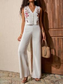 SHEIN Conjunto de chaleco y pantalón de punto con botones y bordado floral detallado para mujer - Blanco - Ver 5