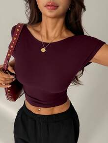 SHEIN PETITE Áo thun croptop hở lưng màu trơn phong cách đường phố dành cho nữ - Màu Đỏ Sâu - Xem 5