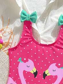 Young Girl' Cute Flamingo Print One-Piece Swimsuit, Bow Decor, Ruffle Trim, Suitable For Beach, Vacation, Summer - Multicolor - View 3