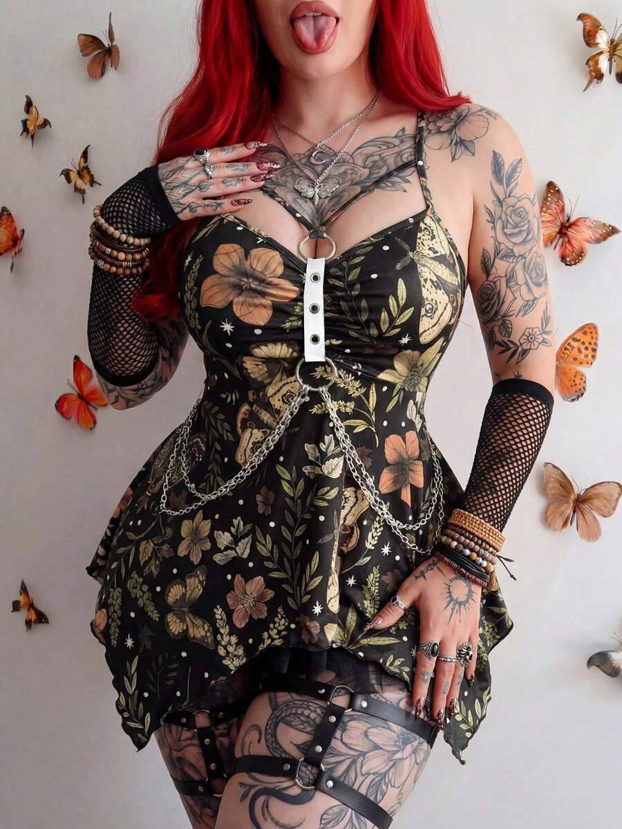 SHEIN Whyspr 大码女式印花吊带背心,饰有链条装饰 - 彩色 - 查看 1