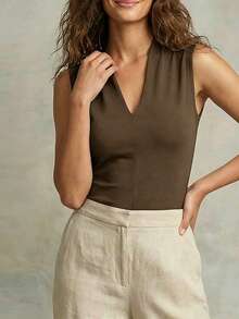 LUMIGAL Women's Solid Color V-Neck Casual Tank Top For Commuting - Khaki - View 4