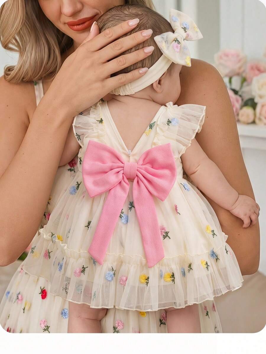 SHEIN Vestido sin mangas con volantes y estampado floral de organza para bebé niña recién nacida para el verano - Beis - Ver 1