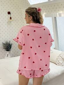 CottageSlumber Conjunto de pijama de cárdigan con cuello de volantes con estampado de corazones rosa y pantalones cortos de talla grande - Rosa - Ver 2