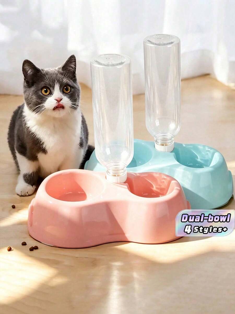 带饮水器的双碗宠物喂食器 - 塑料猫狗食盘套装,柔和便携设计,防漏 - 彩色 - 查看 1