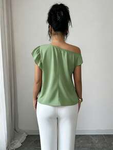 Rafferiza Asymmetric Open Shoulder Top/Ruffle Trim + Single Shoulder Exposed Fashionable Elegant Sexy Blouse - Mint Green - View 2