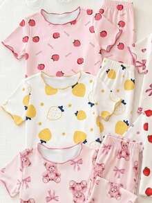 SHEIN Playful Pals 【5套随机发货2套】女婴睡衣，可爱甜美草莓、蜜桃、泰迪熊、蝴蝶结印花波浪下摆圆领短袖上衣+长裤四件套家居服，春夏四季皆宜 - 彩色 - 查看 4