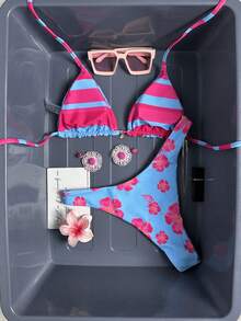 Swim Vcay Bộ bikini in họa tiết mới dành cho nữ, thiết kế buộc dây, thích hợp cho kỳ nghỉ xuân/hè và đi biển. - Màu xanh lam - Xem 2
