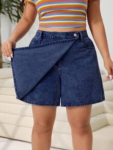 Solflare Plus Size Women Fashion Versatile Pocketed Denim Skirt Shorts - Dark Wash - View 7