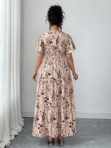 SHEIN Clasi 大码女式V领收腰花卉荷叶袖长款连衣裙，休闲优雅时尚春夏海滩装扮，下午茶派对，复活节 - 彩色 - 查看 2