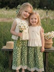 Emery Rose Kids Emery Rose Kids 2件套女童无袖纯色圆领休闲上衣和长裤套装，带荷叶边的幼儿女童夏季套装；2件套幼儿女童可爱复古风碎花套装，夏季服装；儿童夏季两件套女童服装；少女服装裤装套装；女童无袖上衣和碎花阔腿裤套装，带蕾丝边，非常适合夏季玩耍；夏季服装；春季女童套装；两件套女童裤装；少女两件套夏季服装，荷叶边飘逸套装，女童裤装和上衣 - 綠色 - 查看 4