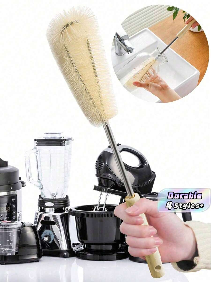 Cepillo de limpieza con mango de madera - Cepillado de 360 grados para botellas, tazas y licuadoras, cepillo de cocina doméstico de largo alcance con cerdas que no rayan, diseño duradero de limpieza profunda de cobertura total