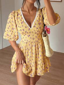 Sunnyshic Gaun Lengan Panjang Berlipit dengan Motif Bunga, Kerah V, Hiasan Ruffle di Pinggang, dan Hem Berlipit, Gaya Liburan yang Manis & Romantis, Musim Semi/Panas - Kuning - View 5