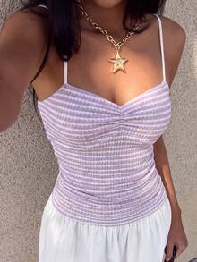 SHEIN Unity Women's Ruched Striped Camisole, Casual Vacation & Daily Wear, Spring/Summer - Mauve Purple - View 3