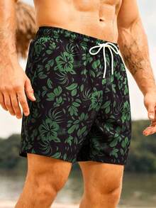 Manfinity KASUA Men's Floral Print Drawstring Waist Beach Shorts, Holiday - Green - View 7