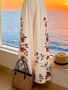 Breezaya Bộ jumpsuit xếp ly in hoa dành cho nữ, ống rộng. - Màu be - Xem 3