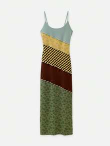 Nöista Vestido maxi con bloques de color y patchwork con tirantes delgados. Verano, otoño, resort, vacaciones, fiesta. - Multicolor - View 9