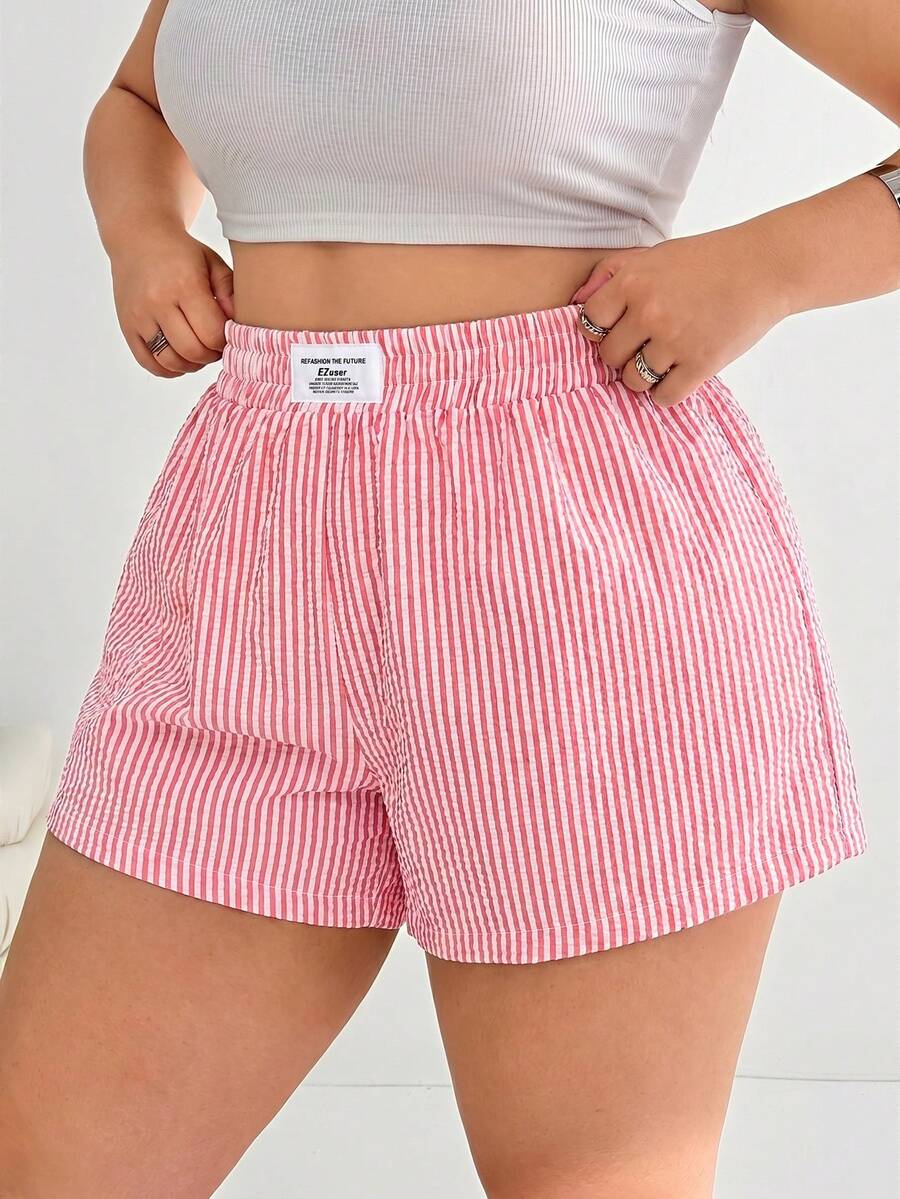 SHEIN EZwear 夏季大码女式休闲腰带扣条纹短裤 - 紅白色 - 查看 1