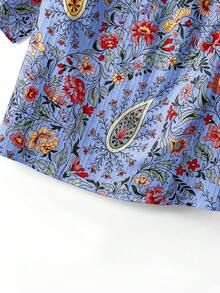 Linhara Ditsy Floral Loose Short Sleeve Shirt, Retro Soft Style - Blue - View 4