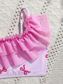 Young Girls Bowknot Striped Cute Ruffled Asymmetric Shoulder Adjustable Strap Ruffled Hem Triangle Bikini 2-Piece Swimwear Set - Multicolor - View 3