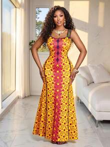 Brilight Vestido elegante y sexy para mujer, vestido sin mangas de cuello en V, ropa tradicional sudafricana, atuendo para fiestas y té de la tarde, estampado artístico, colores de moda de primavera y verano, vestido para sesión fotográfica artística, ropa para festival de música, ropa de verano para mujer - Amarillo - Ver 1