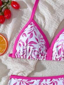SHEIN Bộ bikini in hình lá cây dành cho bé gái tuổi teen, màu hồng cánh sen với viền hồng cánh sen, chất liệu vải dệt kim, 2 mảnh, kiểu dáng thời trang, thanh lịch, phù hợp cho bơi lội, kỳ nghỉ hè. - Hồng - Xem 3