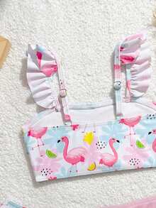 SHEIN Vintaside Kids 女童火烈鸟花卉印花吊带泳衣套装，含罩衫和迷你裙三件套 - 粉色 - 查看 5