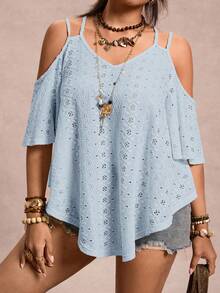 Freevana Plus Size Solid Color Minimalist Off-Shoulder T-Shirt - Baby Blue - View 6