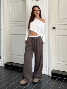 SHEIN EZwear 女士撞色蕾丝拼接抽绳腰直筒休闲裤 - 咖啡棕 - 查看 3