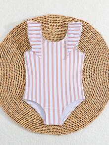 SHEIN Baby Girls Casual Striped Ruffle One-Piece Swimsuit, Bathing Suits For Toddlers - Multicolor - View 1
