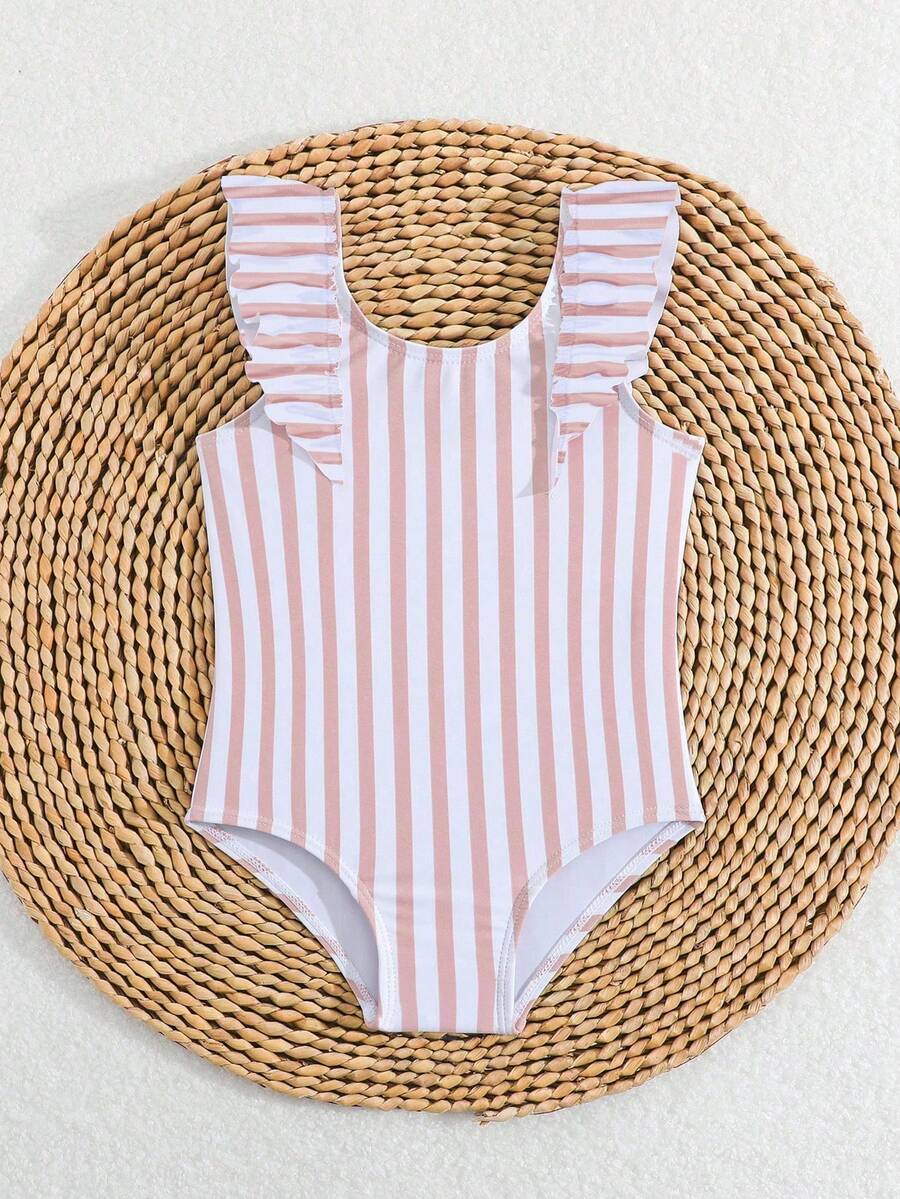 SHEIN Baby Girls Casual Striped Ruffle One-Piece Swimsuit, Bathing Suits For Toddlers - Multicolor - View 1
