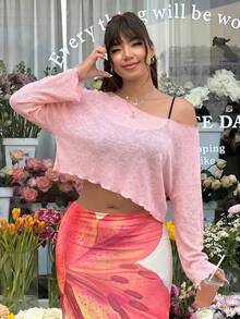 GalTyme Áo kiểu tay dài dáng rộng cổ lệch vai cho nữ, màu hồng nhạt. - Màu Hồng baby - Xem 3