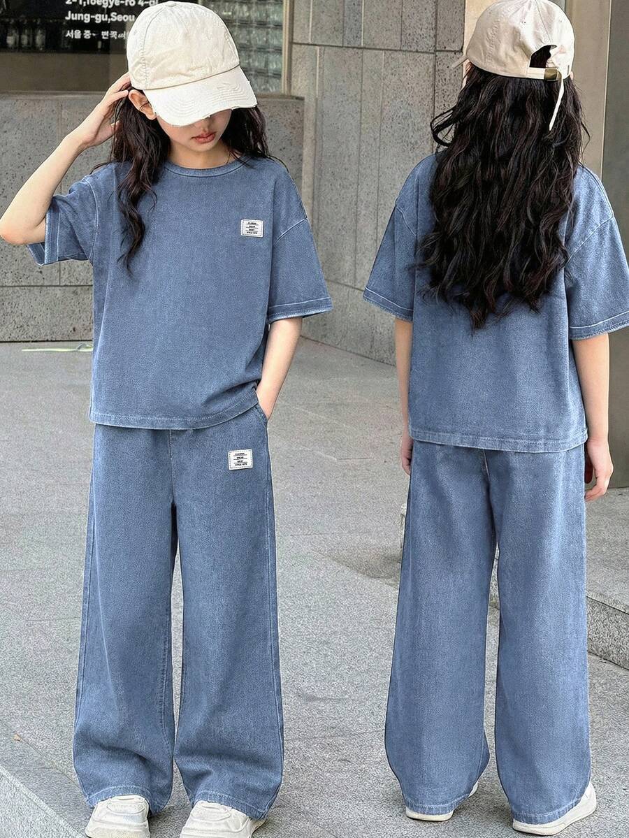 SHEIN Bộ áo thun tay ngắn raglan và quần jean cho bé gái tuổi teen - Rửa nhẹ - Xem 1