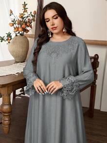 Graceveil Bộ đồ nữ cỡ lớn gồm áo dài tay cổ tròn và quần ống đứng phối ren, kiểu dáng rộng rãi, thoải mái, chất liệu cao cấp. - Xám - Xem 6