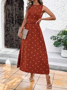 SHEIN Clasi 女士优雅亚麻印花系带无袖长款A字度假连衣裙，夏季 - 紅色 - 查看 3