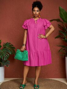 SHEIN CURVE+ Plus Size Solid Color Tie Neck Floucne Sleeve Ruffled Hem Dress,Sundress - Hot Pink - View 5