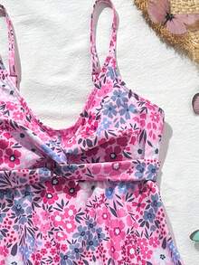 SHEIN 2pcs/Set Floral Print Tankini Swimwear For Teen Girls, Criss-Cross Bust Decor, Suitable For Beach, Vacation, Summer - Multicolor - View 4