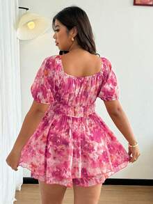 Flirla Bộ áo liền quần dáng chữ A hai lớp, cổ vuông, eo thon, phong cách nữ tính lãng mạn, cỡ lớn. - Hồng - Xem 2
