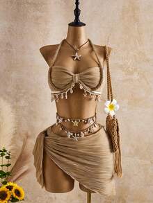 Bellisia Conjunto de tankini de traje de baño con tirantes finos, decorado con conchas marinas y estrellas de patrón de onda beige, para mujer, primavera/verano/otoño - amarillo ganso - Ver 1