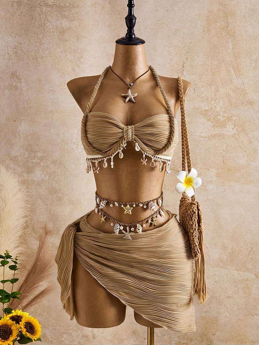 Bellisia Conjunto de tankini de traje de baño con tirantes finos, decorado con conchas marinas y estrellas de patrón de onda beige, para mujer, primavera/verano/otoño - amarillo ganso - Ver 1