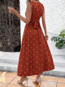 SHEIN Clasi 女士优雅亚麻印花系带无袖长款A字度假连衣裙，夏季 - 紅色 - 查看 2