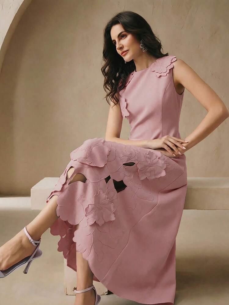 Vestido elegante de mujer con bordado calado y ajustado sin mangas, adecuado para eventos formales, fiestas, elegante, trabajo, graduación, boda, rojo