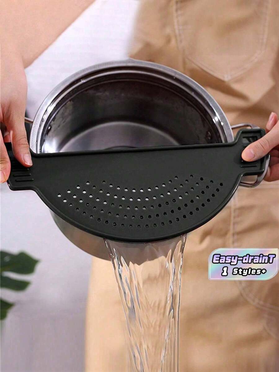 1个夹式滤网,塑料沥水筛,半月形食物过滤盘,适用于厨房,耐热网状滤网,可用于过滤意面、蔬菜、水果,水槽滤篮,适用于所有锅碗瓢盆 - 黑色 - 查看 1
