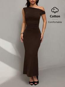SHEIN PETITE Đầm đuôi cá dài lệch vai, chất liệu cotton thoải mái, thích hợp cho mùa hè, hẹn hò hàng ngày, tiệc tùng, những dịp trang trọng, đi chơi. - Cà phê nâu - Xem 4
