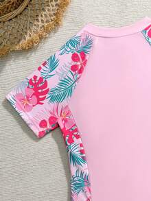 SHEIN Tween Girl One-Piece Shorts Swimsuit,Front Zipper Pink Rash Guard Set With Flower Leaf Pattern,Cute Summer Beach Vacation Holiday Surfing Bathing Suit - Multicolor - View 6