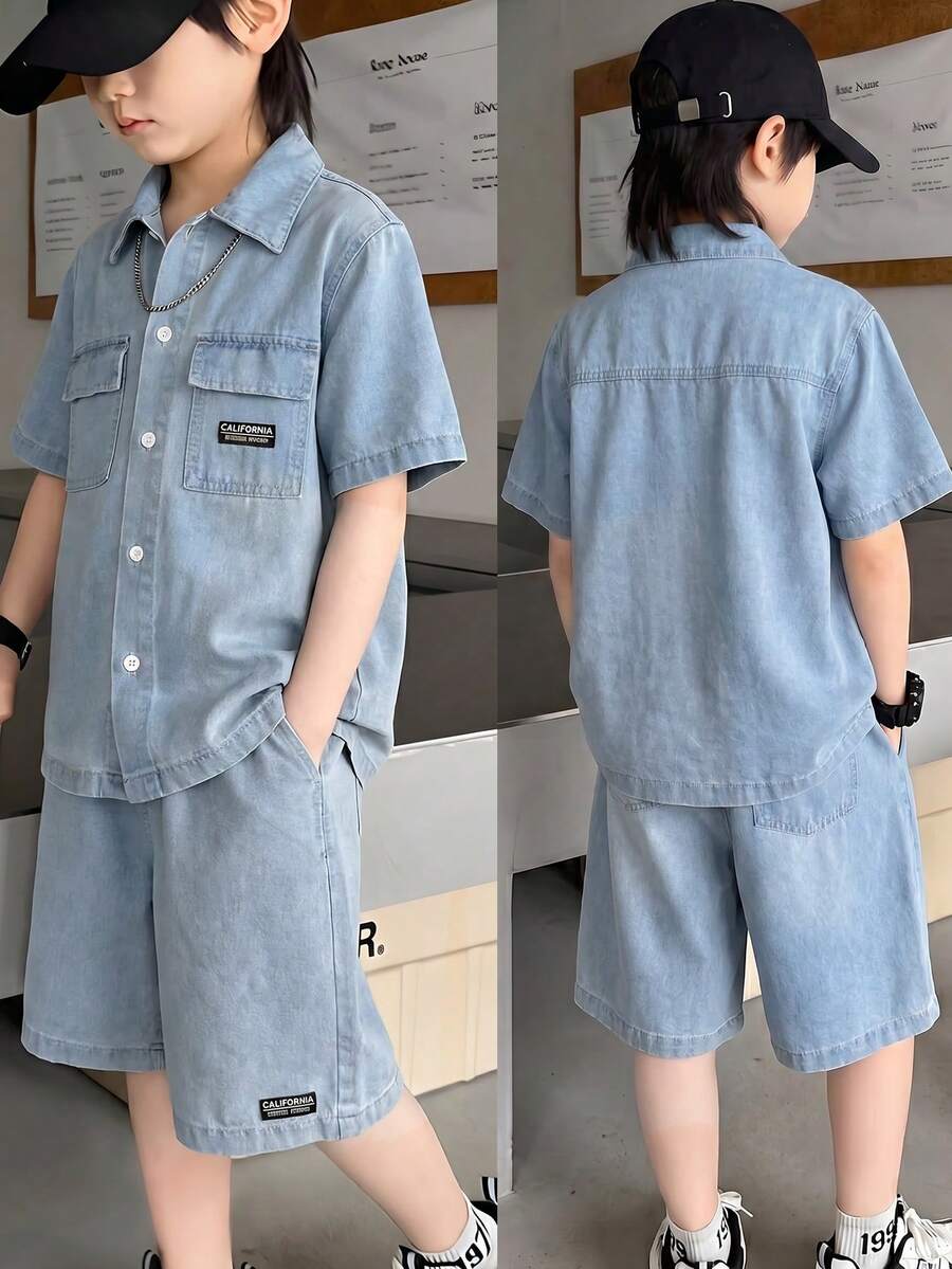 青少年男童牛仔套装，夏季新款休闲时尚简约清新百搭，宽松版型，浅蓝色，轻盈柔软的棉质面料，适合春夏日常、海滩、校园休闲穿着。