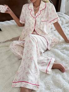 CottageSlumber Bộ đồ ngủ nữ tay ngắn cổ bẻ in hoa, chất liệu nhăn nhẹ. - Màu be - Xem 5