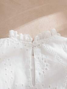 SHEIN Elladie kids 女童荷叶边领刺绣褶皱面料休闲衬衫，优雅乡村风格，适合外出和工作穿着，蓝色 - 白色 - 查看 8