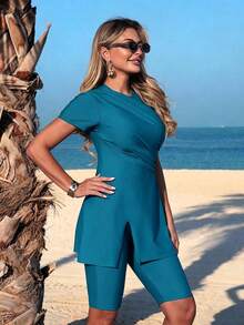 Swim Mulvari Bộ đồ bơi nữ mùa hè mới, cổ tròn, tay ngắn, xếp ly vai, xẻ tà và quần short Bermuda đen, kiểu dáng thoải mái, thích hợp cho kỳ nghỉ hoặc đi biển. - Màu xanh lam - Xem 5